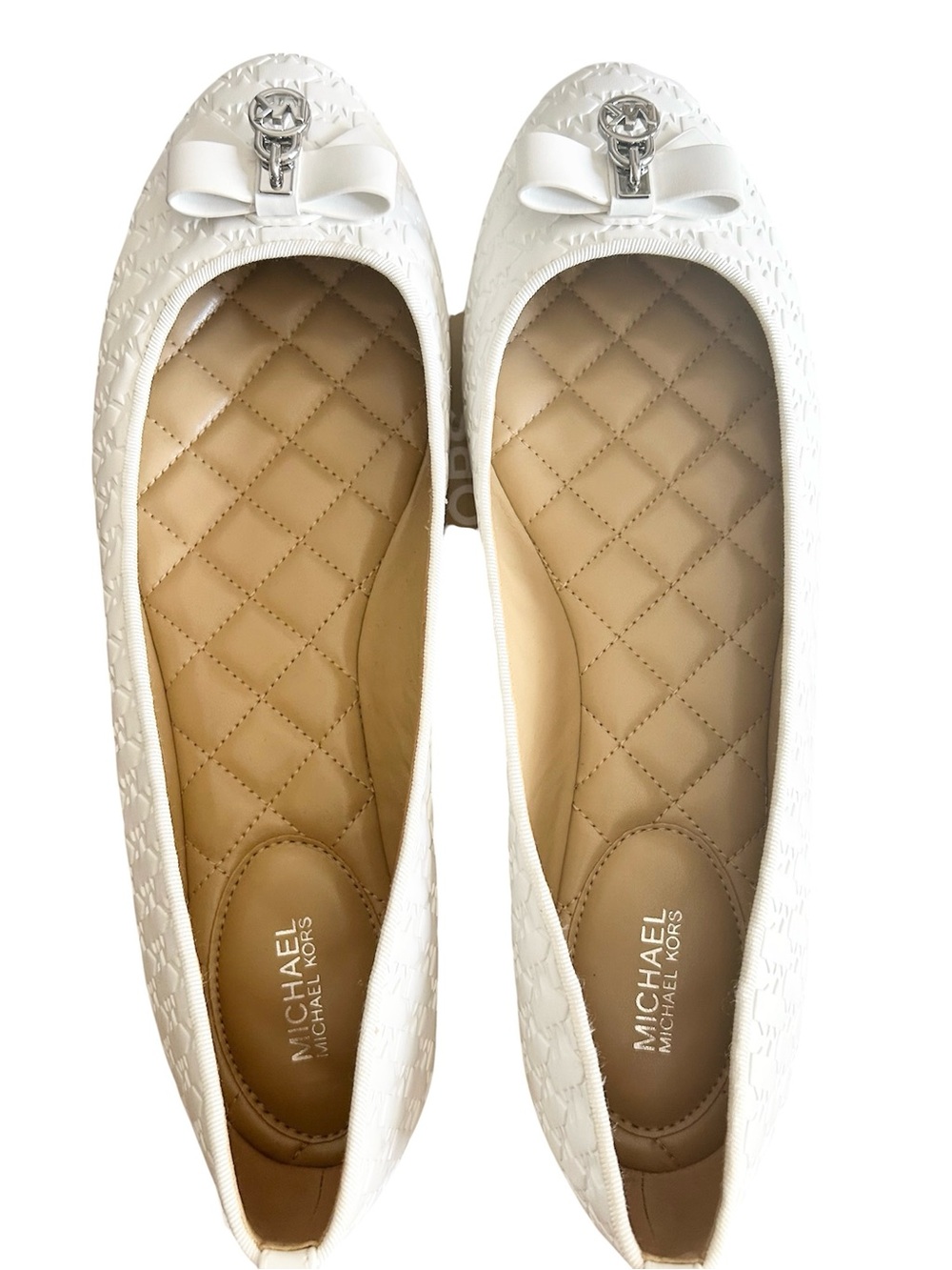 Michael Kors White Quilted MK Bow Ballet Flats with Logo Charm NIB NWT